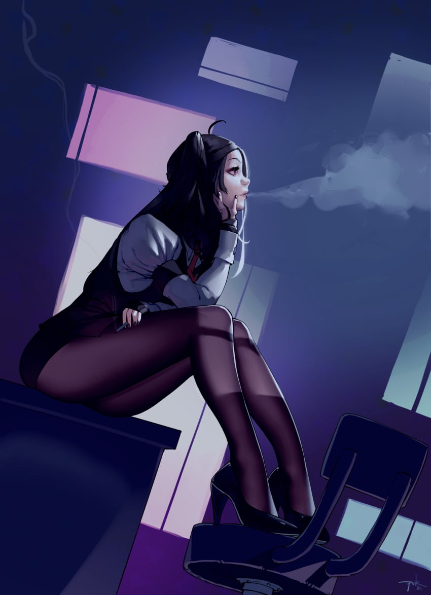 absurdres ahoge black_footwear black_hair black_nails brown_legwear cigarette clothed cyberpunk high_heels highres julianne_stingray legs long_hair long_legs miniskirt pantyhose puk red_eyes sitting sitting_on_table smoke smoking table twintails va-11_hall-a