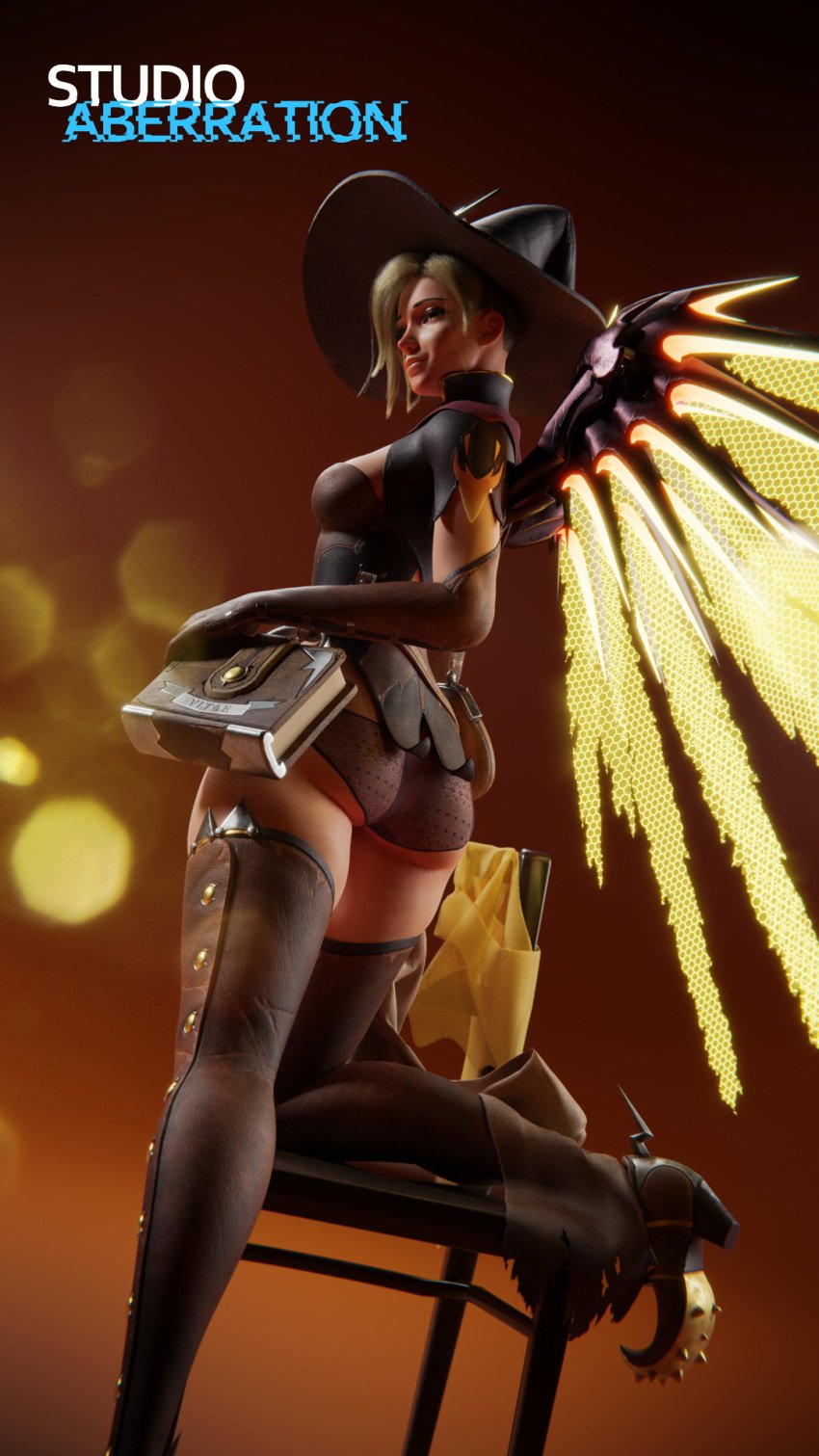 1girls 3d ass blonde_hair boots butt clothed exposed_ass heels mercy no_pants overwatch panties solo solo_female studioaberration thick_thighs thighhighs watermark witch witch_hat witch_mercy