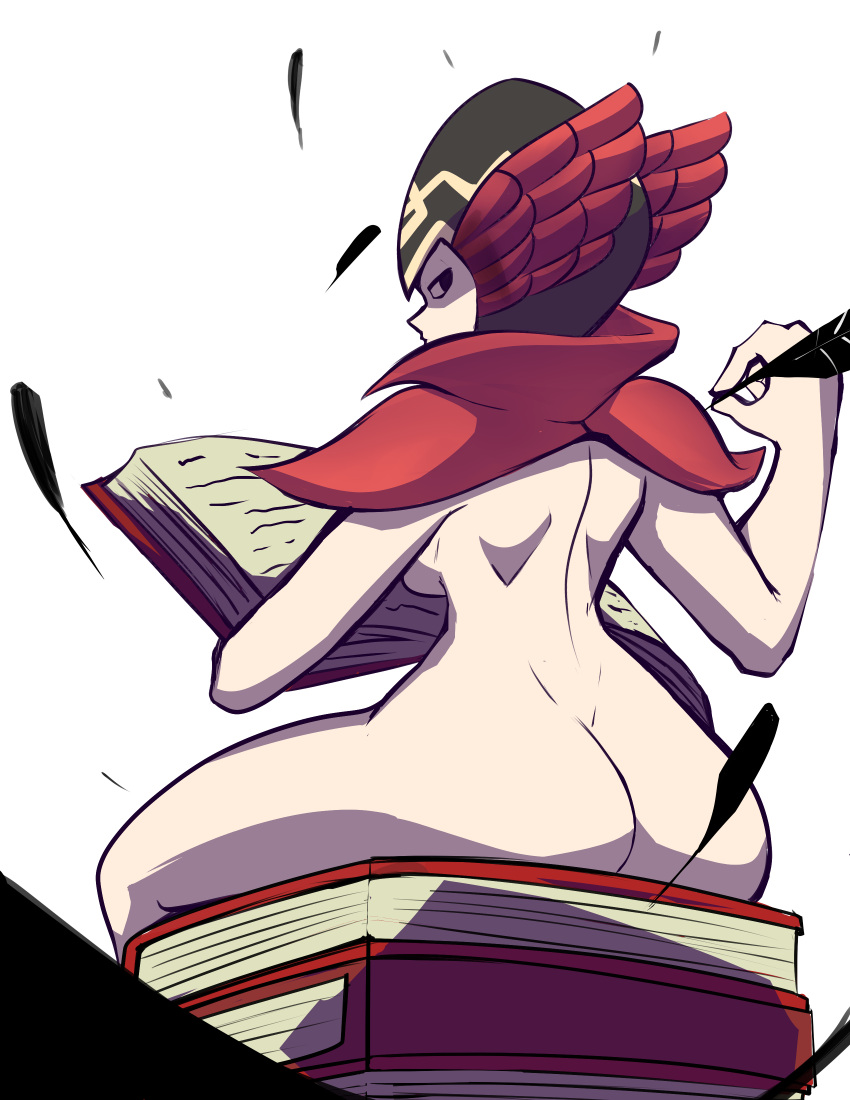 1girls ass back back_view bare_back book book_stack completely_nude emblian_soldier_(fire_emblem) feathers fire_emblem fire_emblem_heroes fremponyx helmet large_ass looking_at_viewer looking_back naked_headwear naked_helmet nintendo npc nude nude_female red_mage_(fire_emblem) sitting solo writing