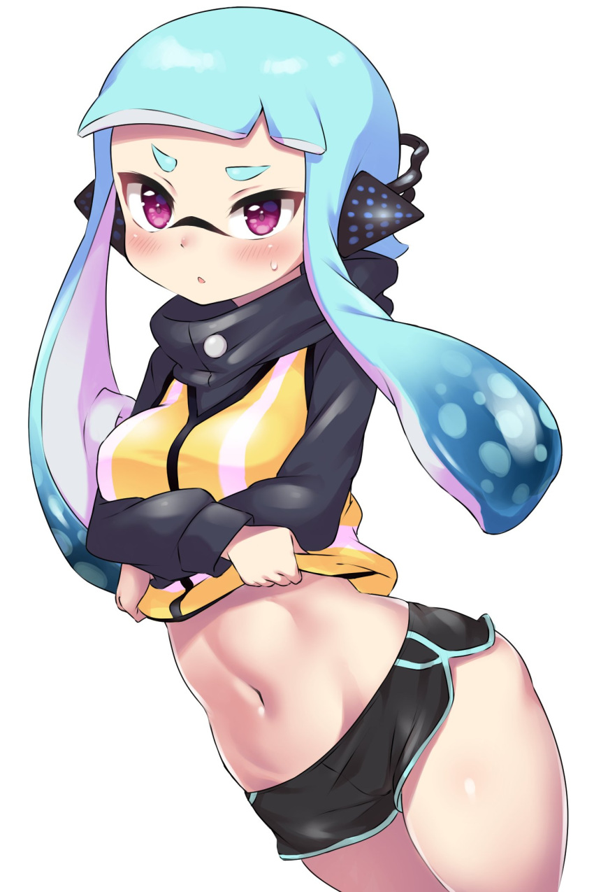 1girls agent_3_(splatoon) blue_hair blush dolphin_shorts embarrassed female female_only inkling inkling_girl looking_at_viewer nintendo pengin_maru shorts splatoon splatoon_2 splatoon_2:_octo_expansion taking_clothes_off