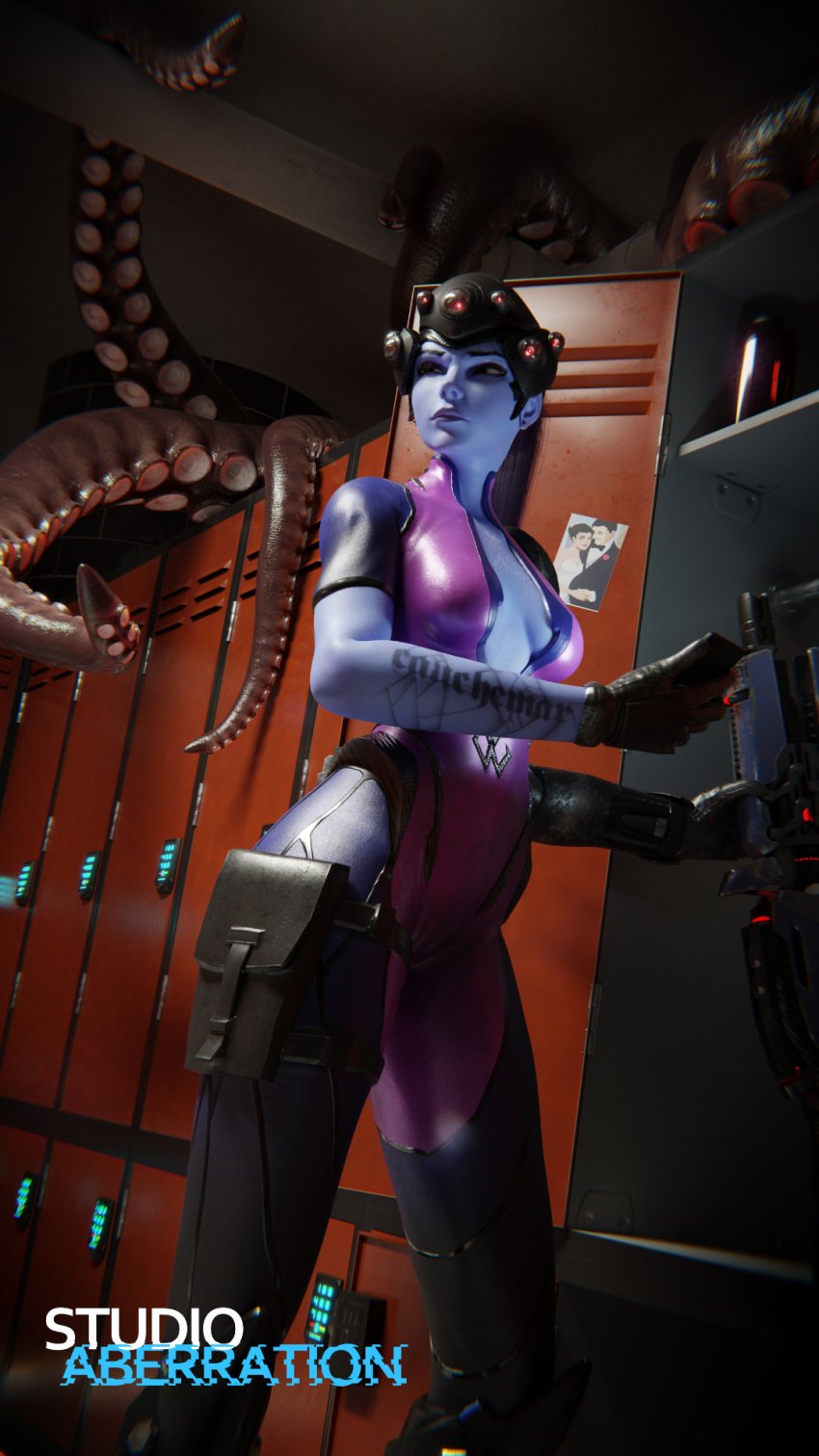 3d boob_window imminent_rape imminent_tentacle_rape imminent_tentacle_sex inner_sideboob latex_suit locker_room lowres overwatch studioaberration tentacle widowmaker