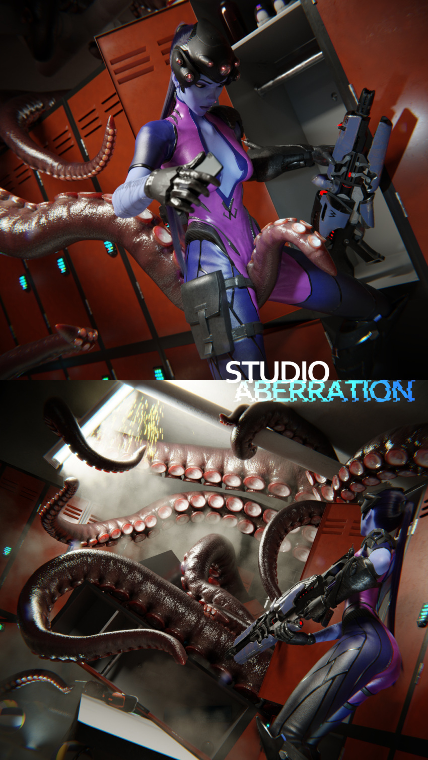 3d boob_window inner_sideboob latex_suit locker_room lowres overwatch studioaberration tentacle widowmaker