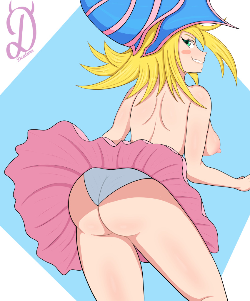 ass back_view big_breasts dark_magician_girl dealore female green_eyes hat panties panties_showing pink_skirt skirt_lift skirt_up smiling_at_viewer smirking_at_viewer teasing yellow_hair yu-gi-oh!