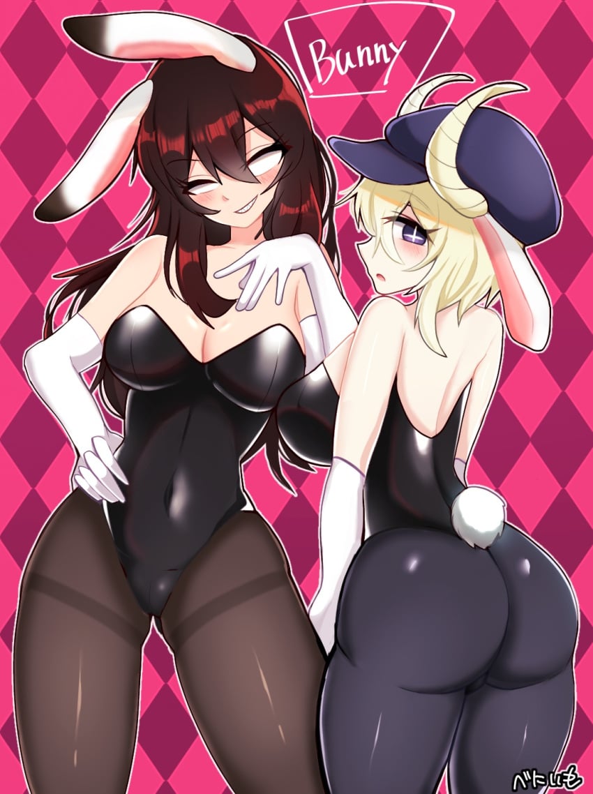 2girls agoti_(sugarratio) ass beni_imo beni_imo_(beniimo45450721) big_ass big_breasts blonde_hair blush breasts bunny_ears bunny_girl bunny_tail bunnysuit eye_contact female female_agoti_(sugarratio) female_tabi_(homskiy) fnf_mods friday_night_funkin gloves hat hay horns humanized leotard long_hair looking_at_viewer looking_back pantyhose rule_63 short_hair smile standing tabi_(homskiy) thick_thighs thighs