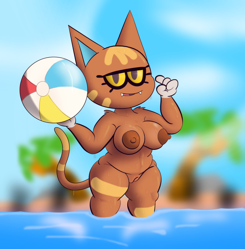 absurd_res animal_crossing anthro ball beach_ball breasts brown_nipples domestic_cat fangs felid feline felis female fuzefurry genitals hi_res inflatable katt_(animal_crossing) mammal nintendo nipples pussy solo tagme video_games water wet