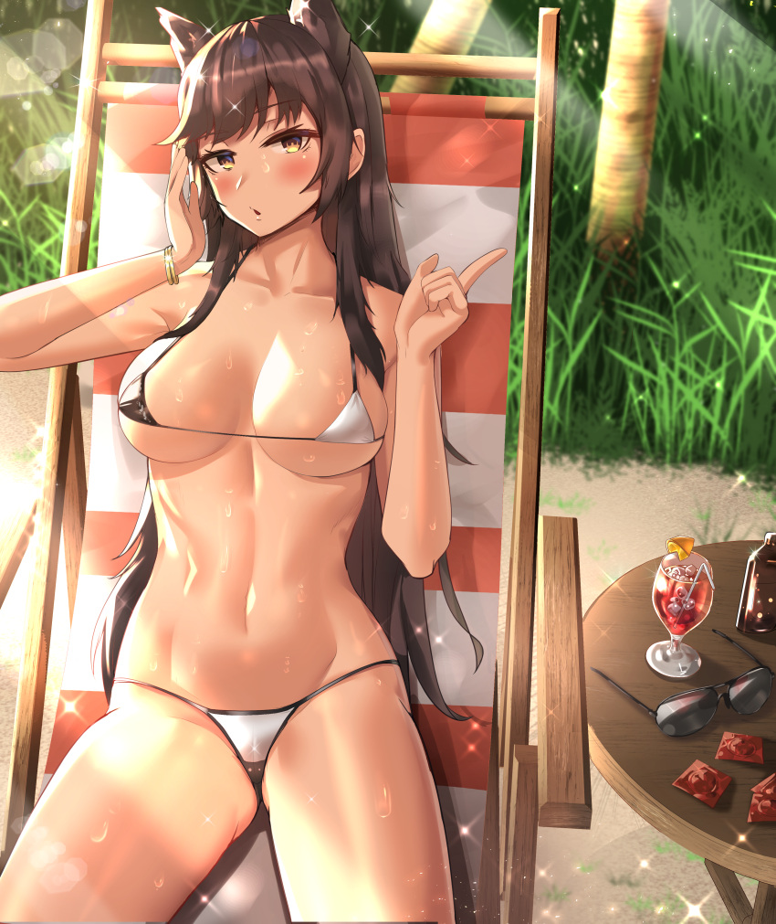 1girls 2020 abs atago_(azur_lane) azur_lane belly big_breasts bikini bikini_bottom bikini_top blush breasts cleavage clyde_s collarbone covered_nipples covered_pussy female female_focus female_only looking_at_viewer lying lying_on_back micro_bikini micro_bikini_top navel shiny_skin solo solo_female sunlight sweat sweatdrop