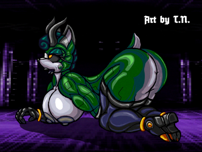 anthro archie_comics ass big_breasts big_butt black_body black_fur black_lips black_nipples black_sclera black_tongue bns_arts boots breasts cassia_the_pronghorn clothing countershade_butt countershade_face countershade_legs countershade_neck countershade_tail countershade_torso countershading cybernetics eye_roll female footwear fur gloves green_body green_fur handwear hi_res high_heels horn legwear lips machine mammal metallic_body mostly_nude muscular muscular_anthro muscular_female nipples open_mouth pronghorn sega solo sonic_(series) sonic_the_hedgehog_(archie) sonic_the_hedgehog_(comics) t.n. thick_thighs thigh_highs tongue white_body white_fur yellow_eyes