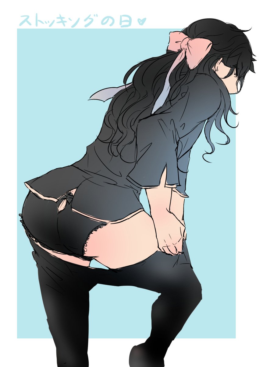 ass ass bow canon_crossdressing crossdressing crossdressing_male long_hair natsuki_subaru natsumi_schwarz panties re:zero_kara_hajimeru_isekai_seikatsu shirt thighhighs thighs