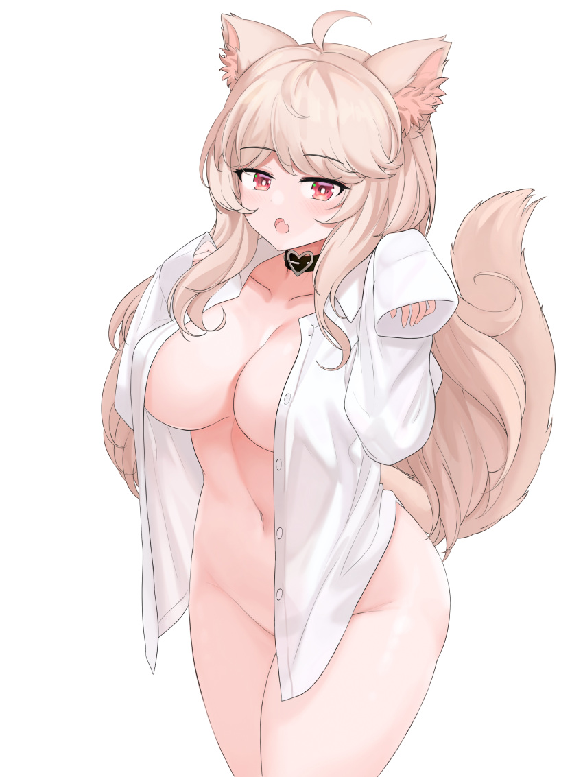 absurdres ahoge animal_ears artist_request bangs blonde_hair blush breasts cat_ears cat_girl cat_tail choker collarbone eyebrows_visible_through_hair female hands_up heart heart_choker highres large_breasts long_hair looking_at_viewer naked_shirt navel open_clothes open_mouth open_shirt original red_eyes riba shirt sleeves_past_wrists solo tail white_shirt