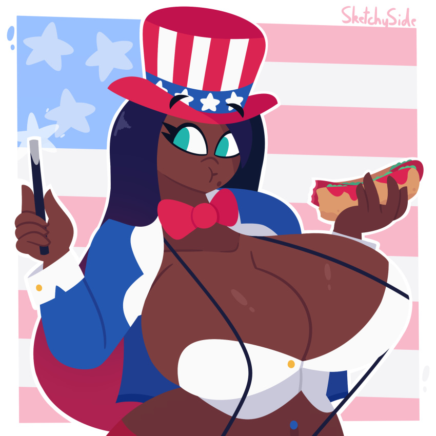 4th_of_july american_flag big_breasts boobs breasts busty cleavage dark_skin eating female food hot_dog hotdog large_breasts marina_(splatoon) nintendo splatoon splatoon_(series) splatoon_2 thesketchyside tits