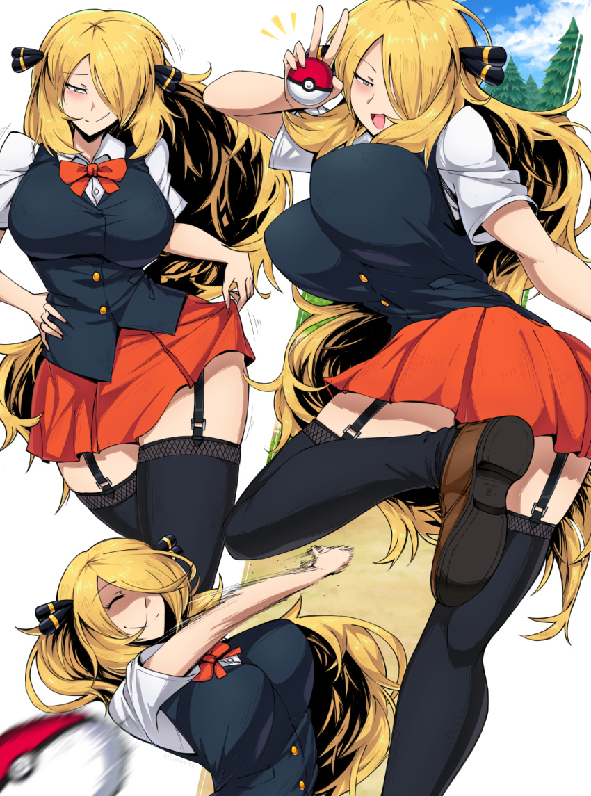 1girls 2021 ^_^ ass bare_arms big_ass blonde_hair blush bow bowtie breasts cardigan closed_eyes clothed clothing cloud cosplay cynthia_(pokemon) eyebrows_visible_through_hair female female_only garter_straps grey_eyes hair_ornament hair_over_one_eye half-closed_eyes hand_on_waist highres holding_poke_ball large_breasts lass_(pokemon) lass_(pokemon)_(cosplay) lass_(pokemon_dppt)_(cosplay) lifted_by_self long_hair looking_at_viewer multiple_views nintendo open_mouth outdoors poke_ball pokemon pokemon_dppt pose raised_leg school_uniform seductive shaded_face shirt shoes skirt skirt_lift sky smile solo standing standing_on_one_leg suzusiigasuki thick_thighs thighhighs thighs throwing tongue tree v very_long_hair wide_smile