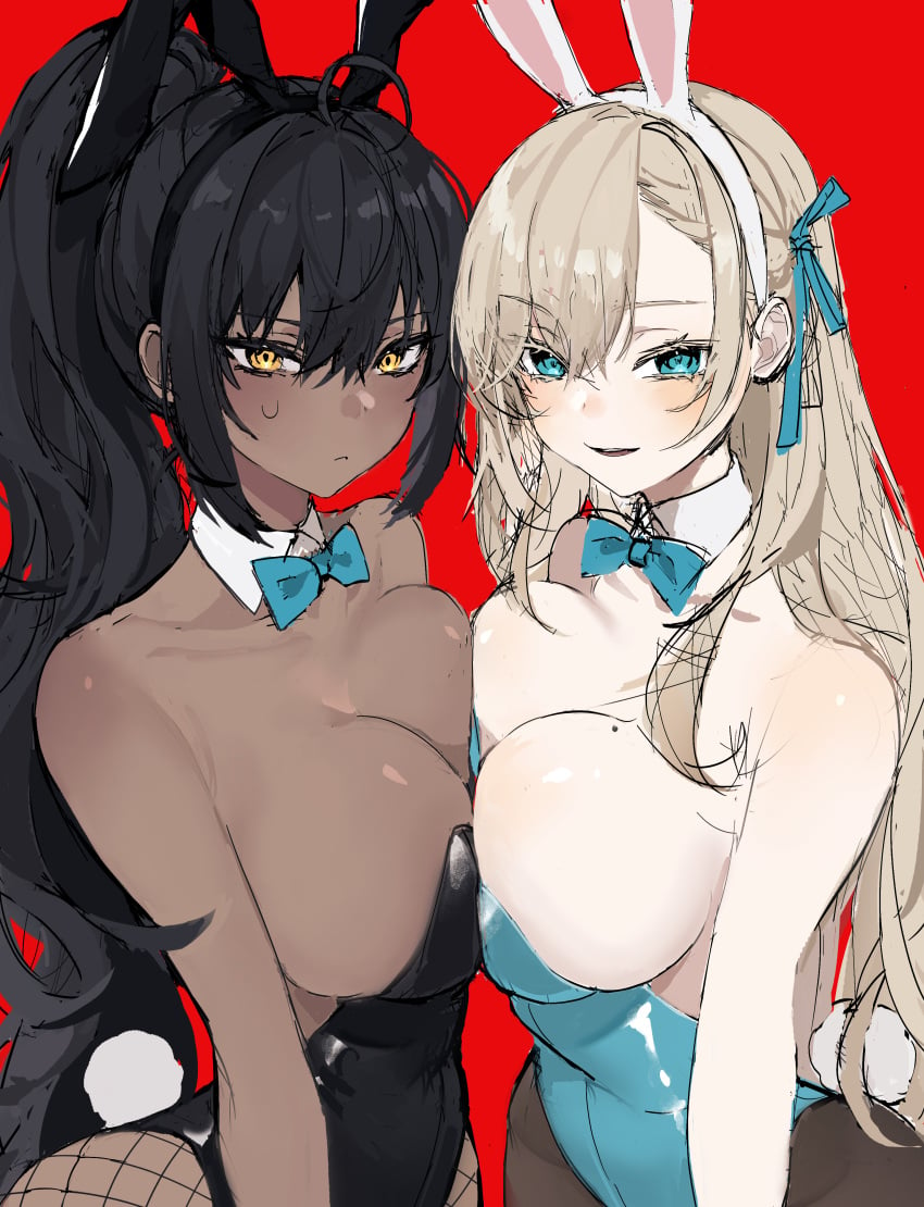 2girls asuna_(blue_archive) asuna_(bunny)_(blue_archive) bare_shoulders big_breasts black_hair black_leotard blue_archive blue_bow blue_eyes blue_leotard blush breast_press breast_to_breast breasts breasts_to_breasts bunny_ears bunny_tail bunnysuit chocolate_and_vanilla cleavage closed_mouth collarbone dark-skinned_female dark_hair dark_skin duo duo_focus female female_focus female_only fishnet_pantyhose fishnets karin_(blue_archive) karin_(bunny)_(blue_archive) legwear light-skinned_female light_skin looking_at_viewer mole mole_on_breast nang_z1 pantyhose playboy_bunny red_background upper_body yellow_eyes