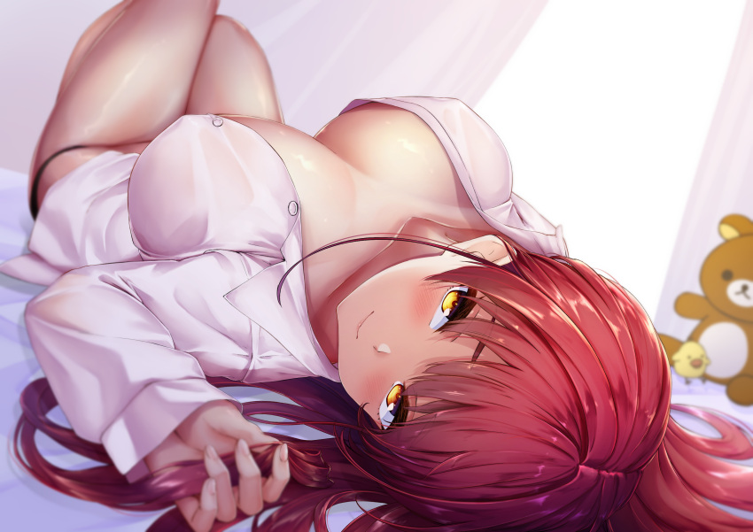 1girls 2021 absurdres bangs blush breasts cleavage closed_mouth collared_shirt female female_focus female_only hair_down highres hololive hololive_fantasy hololive_japan houshou_marine kakikurui kiiroitori knees_up lips long_sleeves looking_at_viewer lying on_back panties red_hair rilakkuma rilakkuma_(series) san-x shirt solo solo_female unbuttoned unbuttoned_shirt underwear virtual_youtuber white_shirt yellow_eyes