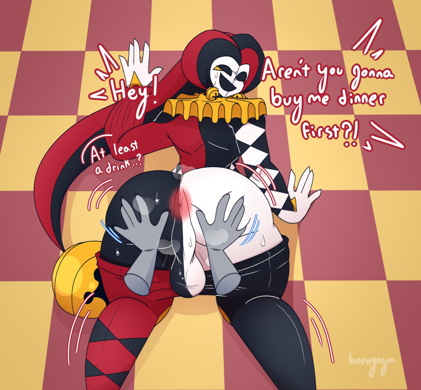 2boys against_wall ass ass_grab ass_up balls biting_lip checkers_(hornynym) demon disembodied_hand disembodied_hands face_down_ass_up femboy gay grabbing hornynym jester large_ass looking_at_viewer looking_back male male_only musk pants_down perineum pov pov_eye_contact pulled_down_pants spread_anus spread_ass spreading steam sweat taint testicles thighs tights yaoi