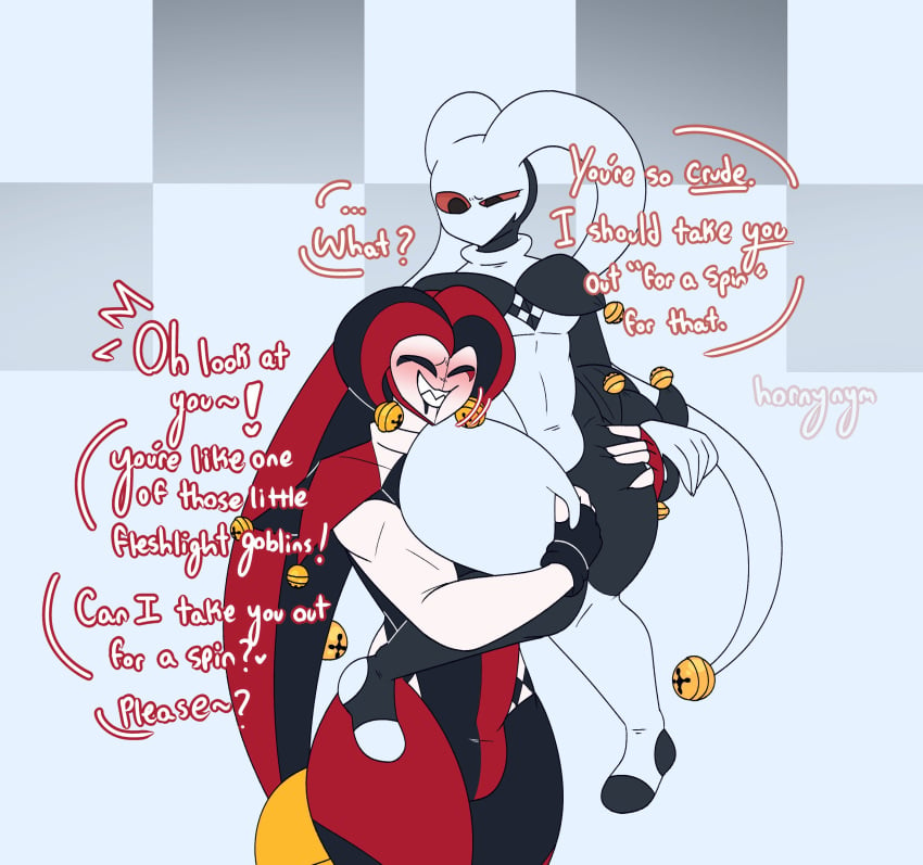 2boys blush blush checkers_(hornynym) chess_(hornynym) closed_eyes demon femboy gay hornynym jester male male/male male_only shortstack smile smiling text thick_thighs thighs yaoi