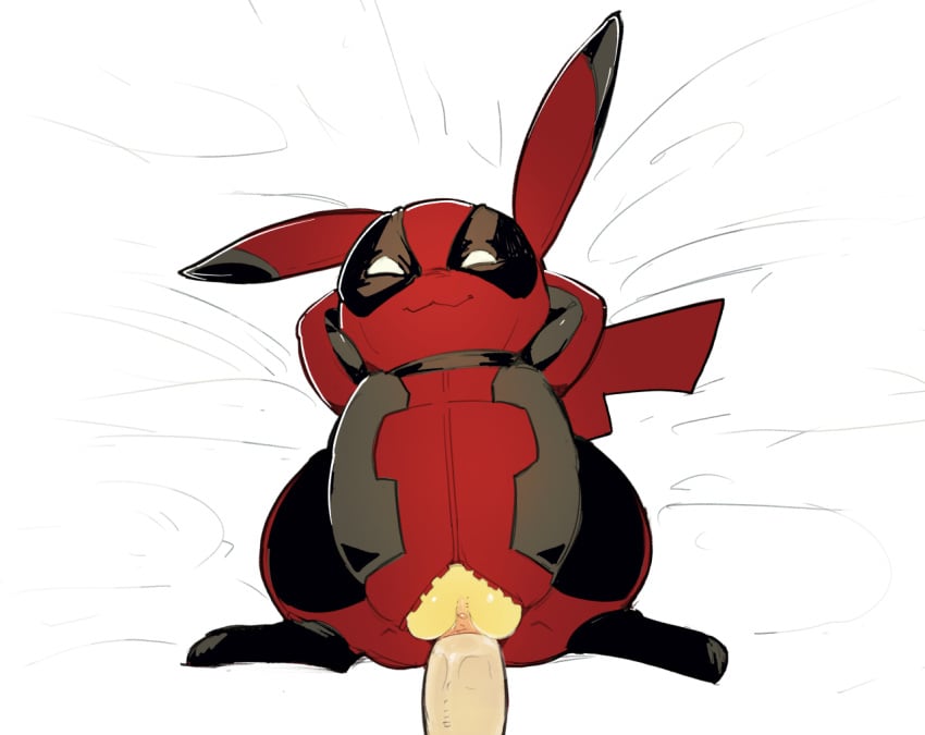 boner crossover deadpool deadpool_(cosplay) disembodied_penis dodudoru erection female hands_behind_head human human_on_female human_on_feral looking_at_viewer marvel nintendo pikachu pikapool pokémon_(species) pokemon pov pussy pussy_juice sex smiling vaginal_penetration vaginal_sex zoophilia