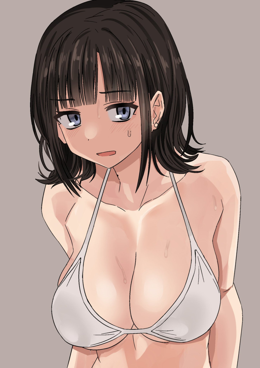 big_breasts bikini bikini_top black_hair collarbone concerned earrings enari eyebrows_visible_through_hair grey_eyes looking_at_viewer medium_hair nijisanji suzuka_utako sweat virtual_youtuber white_bikini