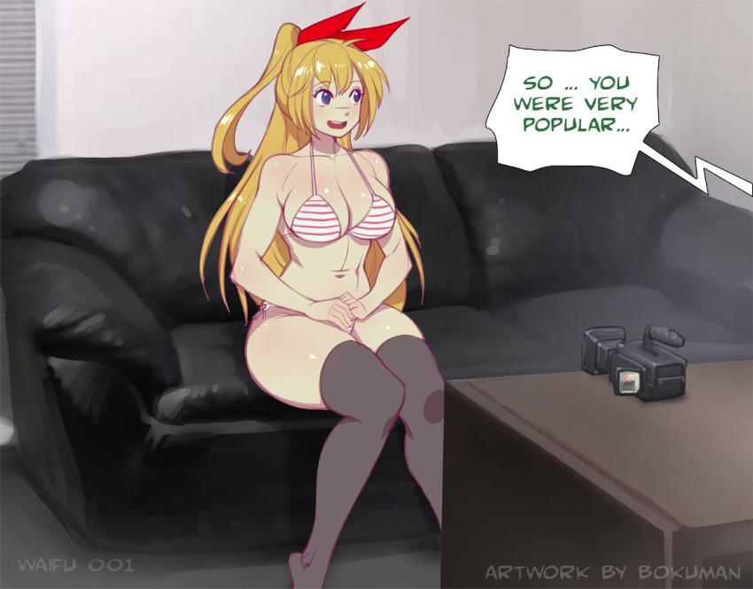 1girls blonde_hair blue_eyes bokuman casting_couch english_text female female_only kirisaki kirisaki_chitoge nisekoi solo text