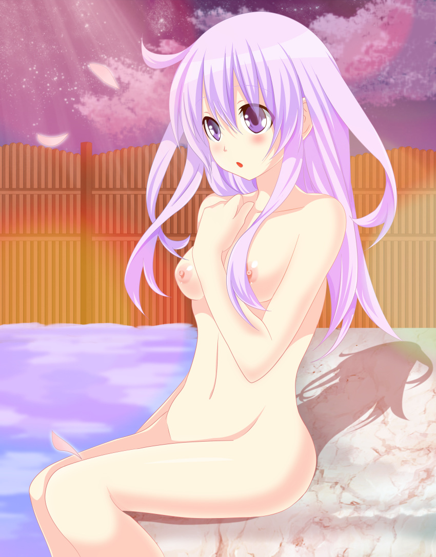 1girls ass belly belly_button blush blush breasts breasts ear eyebrows_through_hair eyes_visible_through_hair female female female_focus female_only hot_spring legs long_hair medium_breasts moonlight naked neck nepgear neptunia_(series) night night_sky nipples nose open_mouth petals pink_hair planeptune pool purple_eyes rock sakura_tree shoulders sitted sitting stars stone tree trees uncensored water wholesome wooden_fence