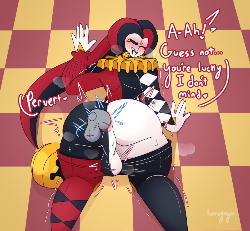 2boys against_wall ahe_gao anal anal_penetration ass ass_grab ass_up balls biting_lip checkers_(hornynym) demon disembodied_hand disembodied_hands disembodied_penis face_down_ass_up femboy gay grabbing hornynym jester large_ass looking_at_viewer looking_back male male_only musk pants_down penis perineum pov pov_eye_contact pulled_down_pants spread_anus spread_ass spreading steam sweat taint testicles thighs tights yaoi