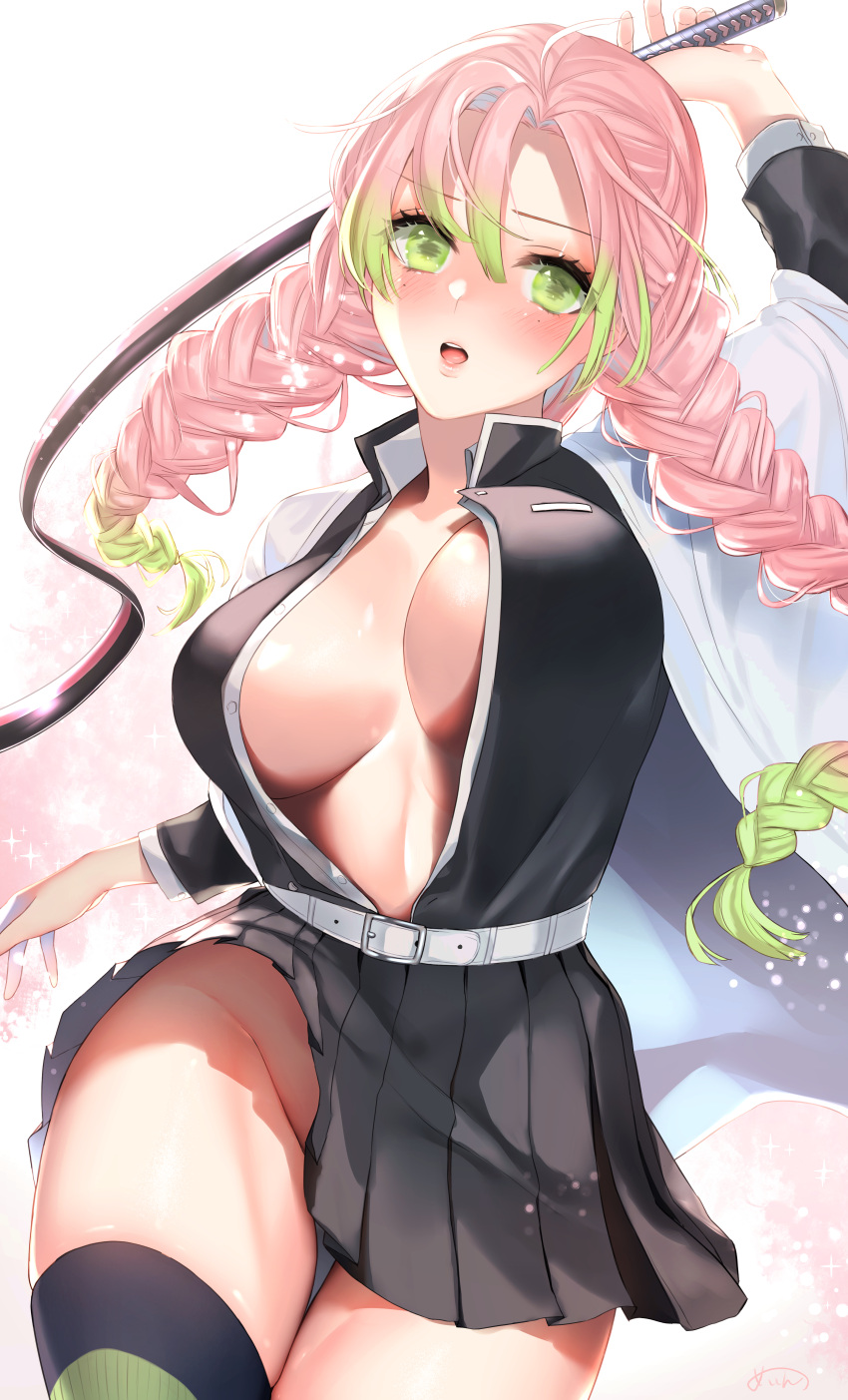 bangs big_breasts blush bouncing_breasts braided_hair clothing convenient_censoring demon_slayer female female_only green_eyes haori kanroji_mitsuri kimetsu_no_yaiba long_hair long_sleeves mole_under_eye no_bra no_panties open_shirt pink_hair pleated_skirt sakiryo_kanna solo sword thick_thighs thigh_gap thighhighs two_tone_hair unbuttoned_shirt uniform upskirt wide_hips zettai_ryouiki