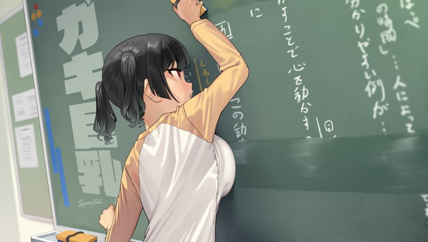 1girls 2021 absurd_res arm_up artist_name black_hair board board_eraser breasts chalkboard classroom dated female female_only highres indoors kaedeko_(kaedelic) kanna_sasaki_(kaedeko) large_breasts leaning_forward looking_up open_mouth original red_eyes school shirt short_hair short_twintails signature solo standing tied_hair twintails wiping