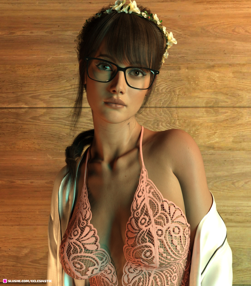 1girls 3d eclesi4stik female female_only glasses lace lingerie open_shirt pinup shirt slushe_(website) solo solo_female tagme