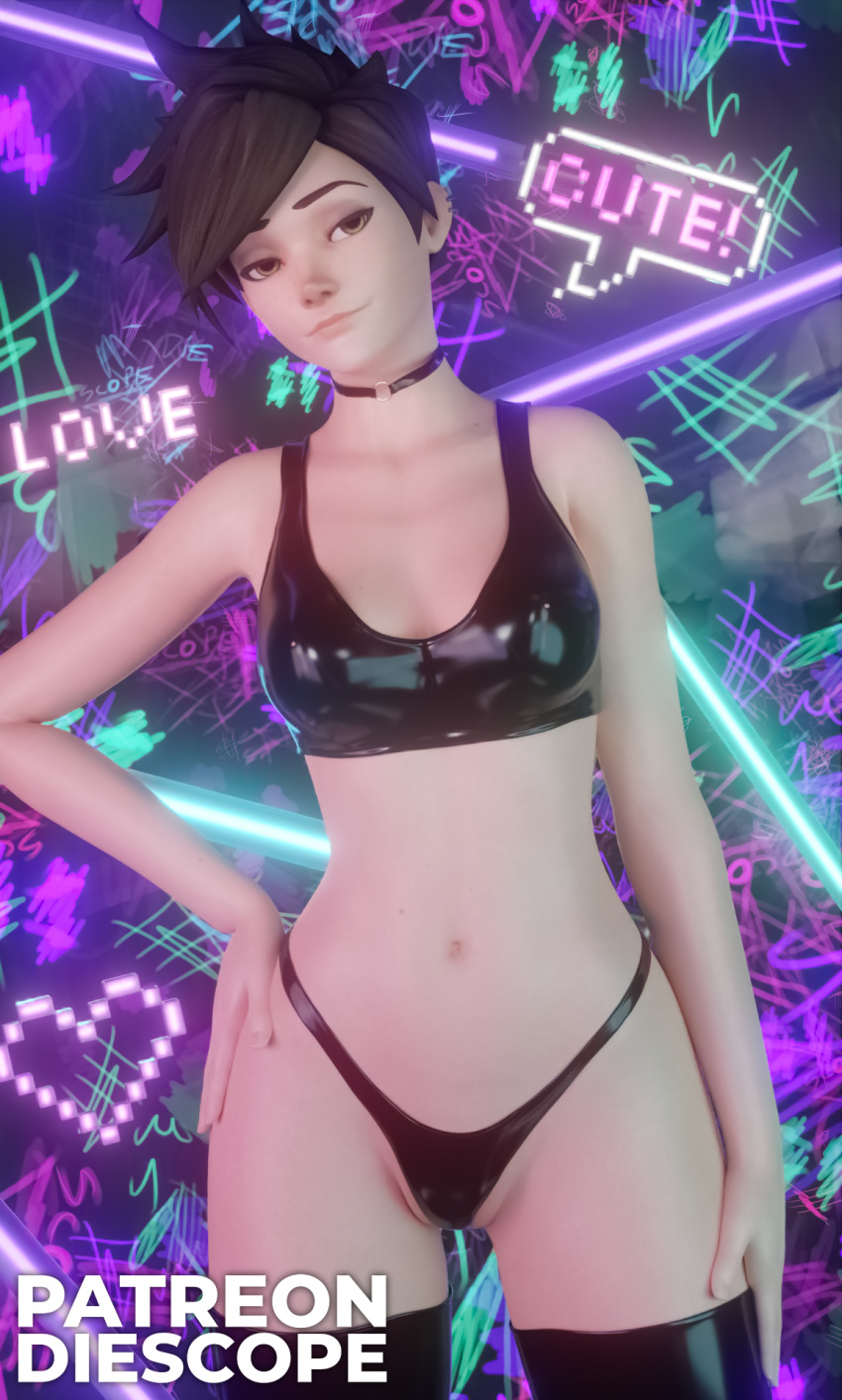 1girls 3d blender blizzard_entertainment brown_eyes brown_hair cute detailed_background diescope female female_only hi_res latex latex_bodysuit latex_stockings latex_suit looking_at_viewer love neon overwatch smile smiling smiling_at_viewer solo solo_female tracer white_body