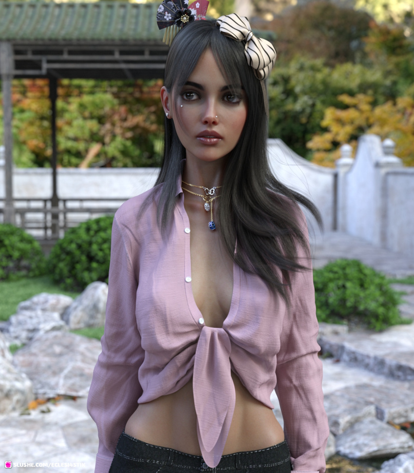 1girls 3d cleavage clothed clothing depth_of_field eclesi4stik female female_only long_hair necklace nose_piercing outdoor outdoors outside pinup slushe_(website) small_breasts solo solo_female