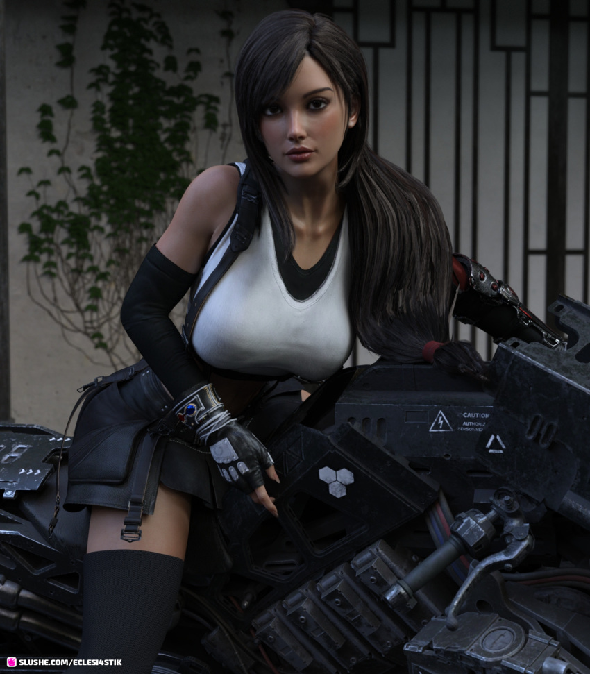 1girls 3d clothed clothing eclesi4stik female female_only final_fantasy final_fantasy_vii fingerless_gloves large_breasts looking_at_viewer motorcycle pinup skirt slushe_(website) solo solo_female suspenders tagme tank_top thighhighs tifa_lockhart