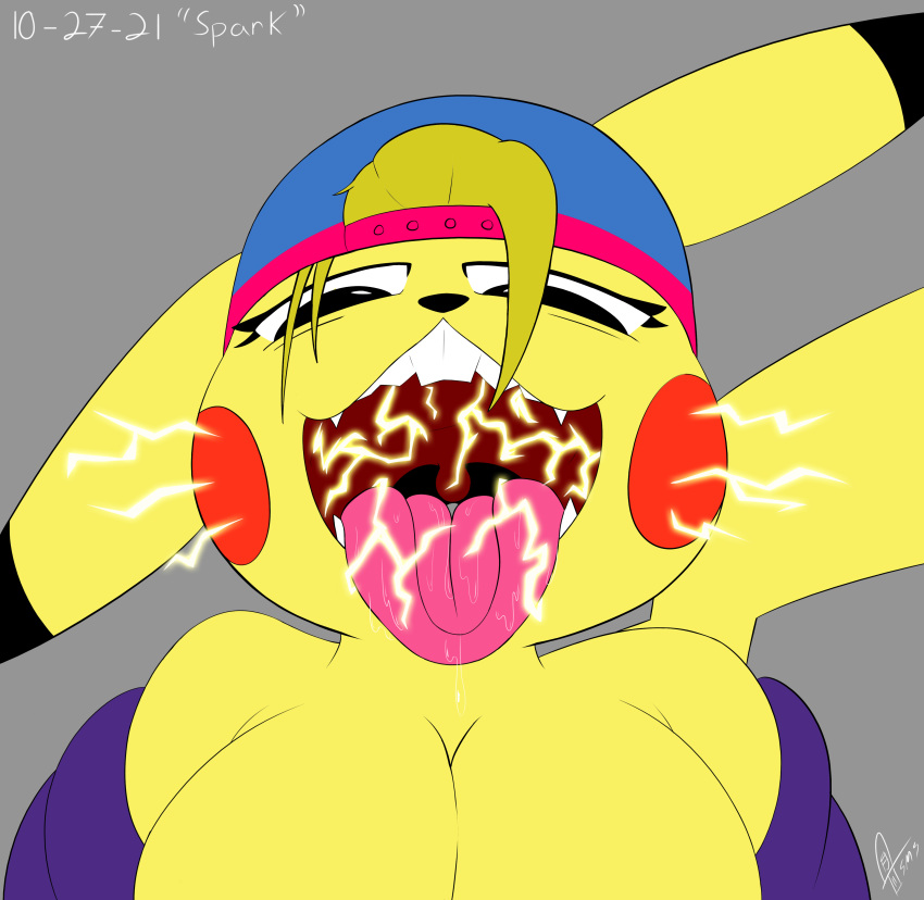 1girls 2021 anthro anthrofied big_breasts breasts buckteeth cleavage electricity fangs female female_only hat large_breasts long_ears looking_at_viewer looking_down looking_down_at_viewer mouth_shot nintendo partially_clothed pikachu pokemon saliva saliva_drip solo solo_female supermoonshroom tail tongue tongue_out uvula watermark yellow_hair