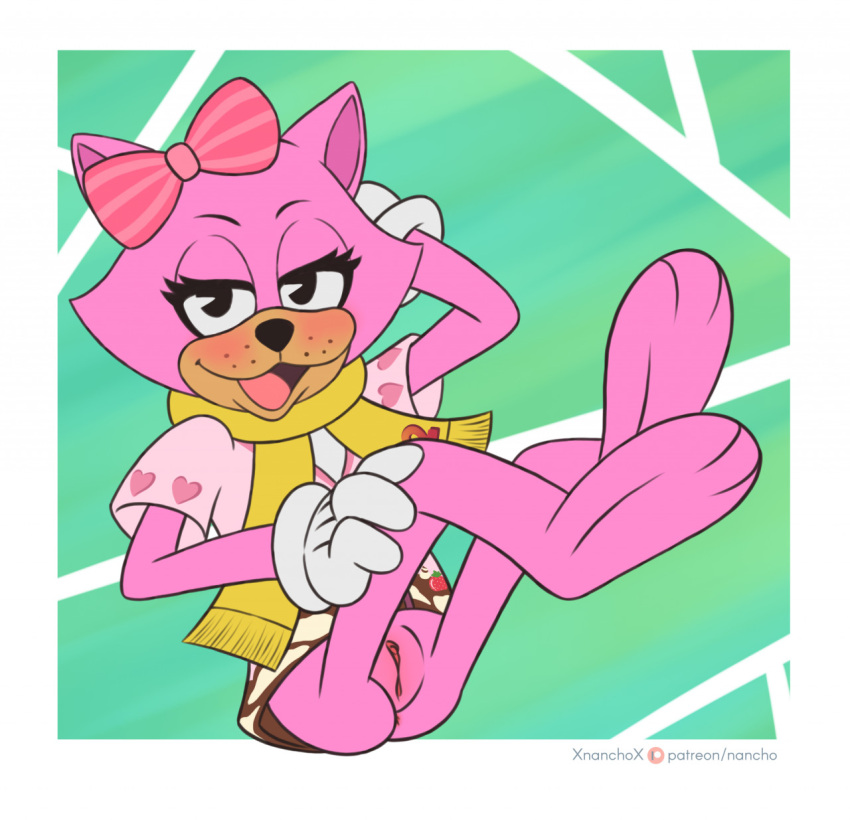 anthro domestic_cat felid feline felis female genitals hi_res mammal pac-man_eyes pancake_(toontown) pink_body pose pussy scarf seductive solo toontown_cat toontown_corporate_clash toontown_online toony xnanchox