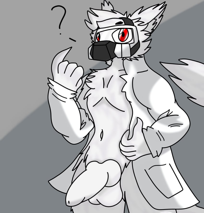 ? absurd_res anthro balls canid canine canis changed_(video_game) clothed clothing coat digital_media_(artwork) dr.k_(changed) erection fur gas_mask genitals hair hi_res lab_coat looking_at_viewer male male_only mammal mask nude orbical penis red_eyes simple_background solo topwear white_body white_fur wolf