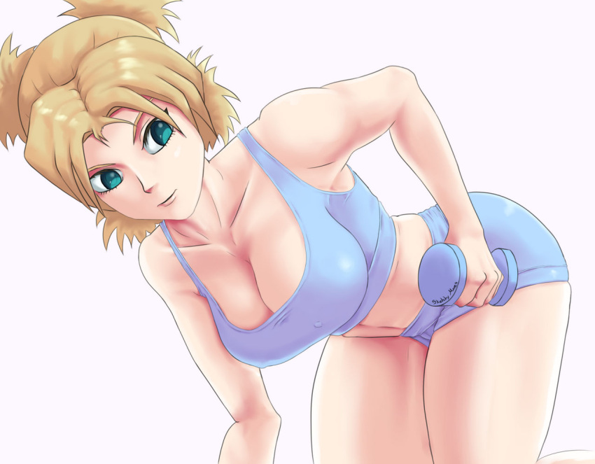 1girls arched_back ass bent_over big_breasts blonde_hair booty_shorts bra busty cleavage clothed_female clothing curvaceous curvy curvy_figure exercise female female_only green_eyes gym_shorts human large_breasts naruto naruto_(series) naruto_shippuden pale-skinned_female pale_skin pinup short_shorts shorts shounen_jump sketchymoves solo sports_bra temari thick_thighs thighs tied_hair twintails voluptuous weightlifting weights yellow_hair