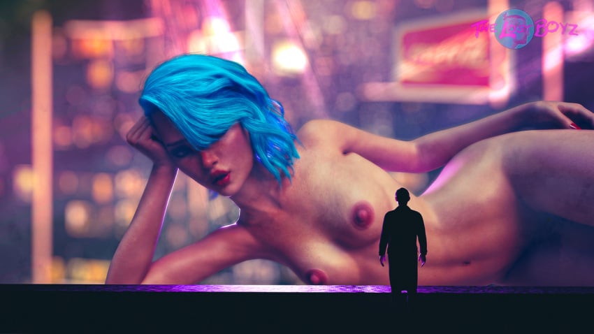 1boy 1girls 3d blade_runner blade_runner_2049 blue_hair female female_focus joi larger_female male medium_breasts nude nude_female olivia_(thelostboyz) pinup size_difference slushe_(website) smaller_male thelostboyz