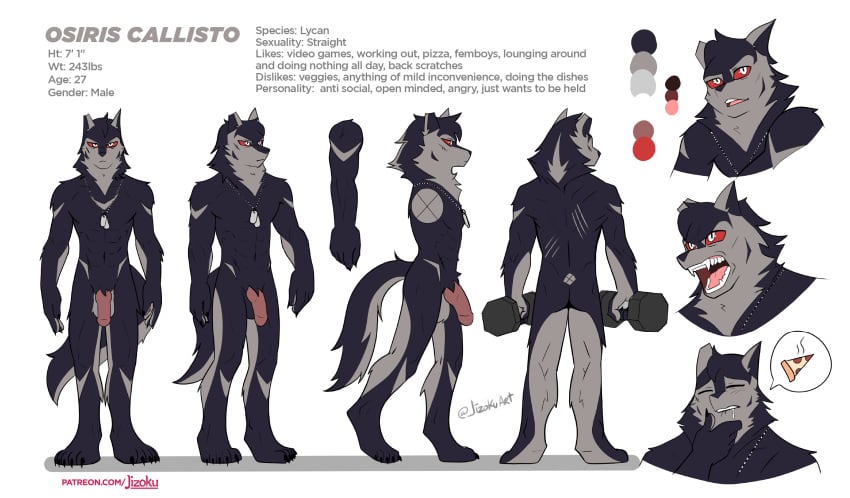 anthro athletic canid canine canis digital_media_(artwork) dog_tags english_text fan_character flaccid genitals hi_res jizoku knot male mammal model_sheet nude osiris_callisto penis solo text wolf