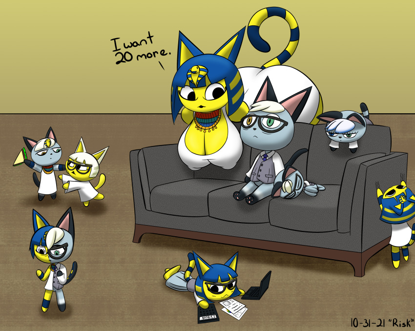 2021 animal_crossing ankha anthro ass ass_in_dress ass_up big_breasts blue_hair breasts business_suit cleavage dialogue domestic_cat english_text female funny fur furry furry_only glacierk glasses grey_body grey_fur grey_skin hanging_breasts heterochromia hi_res humor large_breasts larger_female male milf necklace nintendo nipple_bulge raymond_(animal_crossing) size_difference smaller_male supermoonshroom tail text white_dress white_hair yellow_body yellow_fur yellow_skin