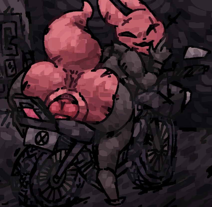 anthro anus black_clothing blush blush_lines bodysuit clothing dildo dildo_sitting female flashing gas_station gloves handwear hi_res hunter_(rain_world) knot knotted_dildo leather leather_clothing masturbation motorcycle narrowed_eyes night on_vehicle penetration rain_world red_body scaliescum scar sex_toy skinsuit slugcat smile solo tail tight_clothing topwear vaginal_penetration vehicle vest videocult