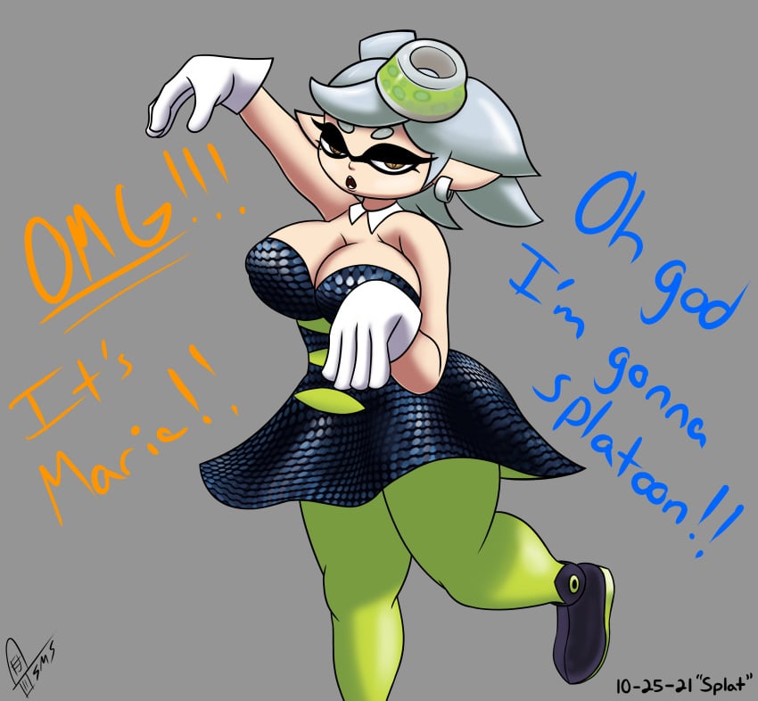 1girls 2021 big_breasts breasts cleavage clothed curvy curvy_figure earring earrings english_text female female_only fully_clothed gloves green_legwear half-closed_eyes inkling large_breasts long_ears marie_(splatoon) mole_under_eye nintendo nipple_bulge open_mouth pose sequin_dress solo solo_female splatoon squid_sisters supermoonshroom text thighhighs thighs watermark white_hair