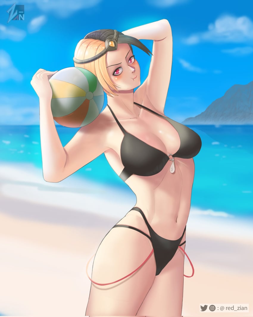 asymmetrical_hair beach beach_ball black_bikini light_skin lunox_(mobile_legends) magenta_eyes mobile_legends mobile_legends:_bang_bang red_zian