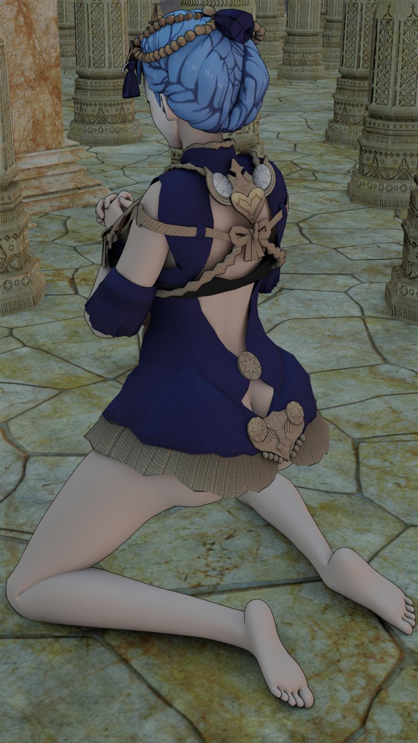 1girls 3d alternate_costume ass ass_cleavage back back_view backless_outfit bare_back bare_legs barefoot big_ass blue_hair butt_crack cosplay emilyblend34 fire_emblem fire_emblem:_three_houses hands_together kneeling light_blue_hair marianne_von_edmund nintendo praying solo sothis_(fire_emblem)_(cosplay)