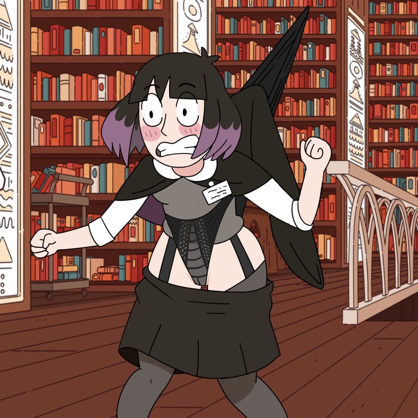 ass big_ass big_breasts black_cape black_eyes black_hair black_lingerie black_panties black_skirt black_underwear blush breasts grey_vest hilda_(series) kaisa_(hilda) large_ass large_breasts lingerie panties purple_cape purple_eyelids purple_eyeliner purple_hair shirt skirt_down thighhighs thighs two_tone_cape two_tone_hair underwear vagina vest wedgie white_shirt wide_hips wkrobbinson