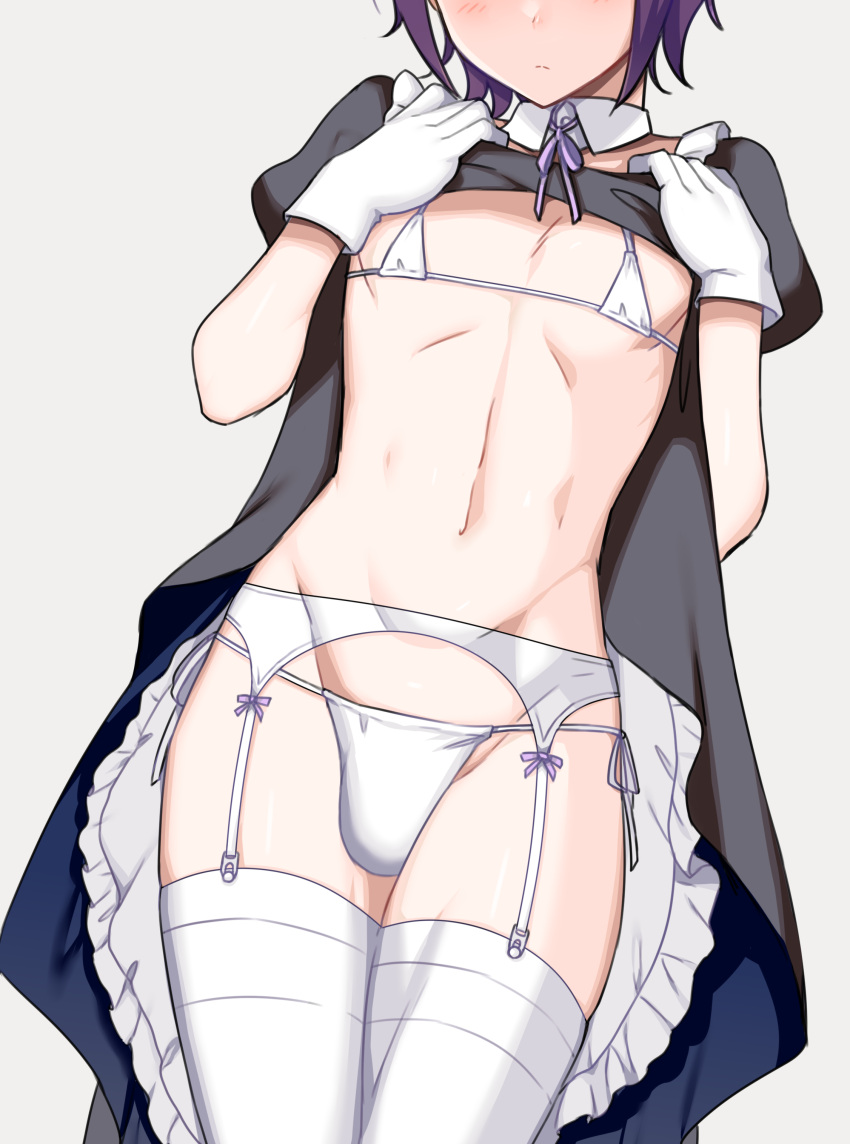 1boy ae_(aeiu4114) blush bulge cropped crossdressing femboy girly gloves lingerie maid maid_uniform male male_nipples micro_bikini nipples original panties short_hair skirt skirt_lift solo standing thighhighs thighs