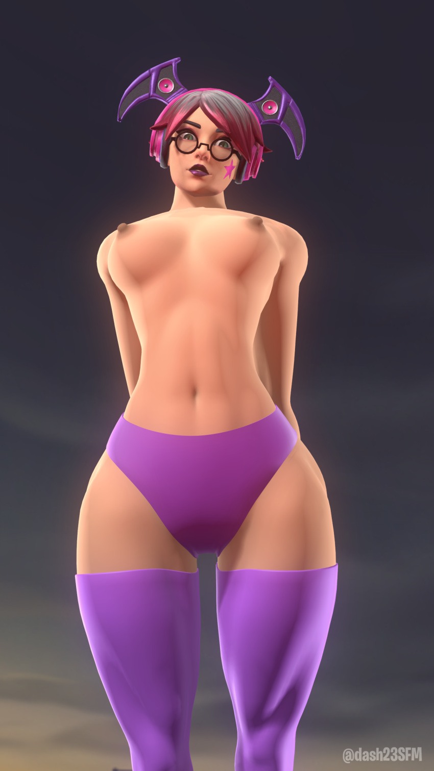 1girls 3d breasts callisto_(fortnite) dash23 fortnite fortnite:_battle_royale headphones lenses nipples pink_hair purple_lingerie purple_stockings sfm source_filmmaker star_tattoo