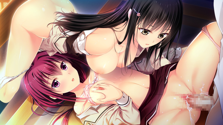 1boy 2girls amaya_tomoko black_hair bra bra_lift breasts brown_skirt censored clothes_down clothes_lift flower game_cg hair_flower hair_intakes hair_ornament highres large_breasts long_hair looking_down medium_breasts miniskirt mosaic_censoring multiple_girls navel nipples official_art open_mouth ore_no_ue_de_agaku_rokunin_no_togime overflow panties panties_around_one_leg penis pink_bra pink_eyes pink_flower pink_panties pussy red_hair school_uniform self_fondle sex shiny shiny_hair skirt skirt_lift straight straight_hair teeta_j tsukino_yuri underwear vaginal_penetration white_panties yellow_eyes