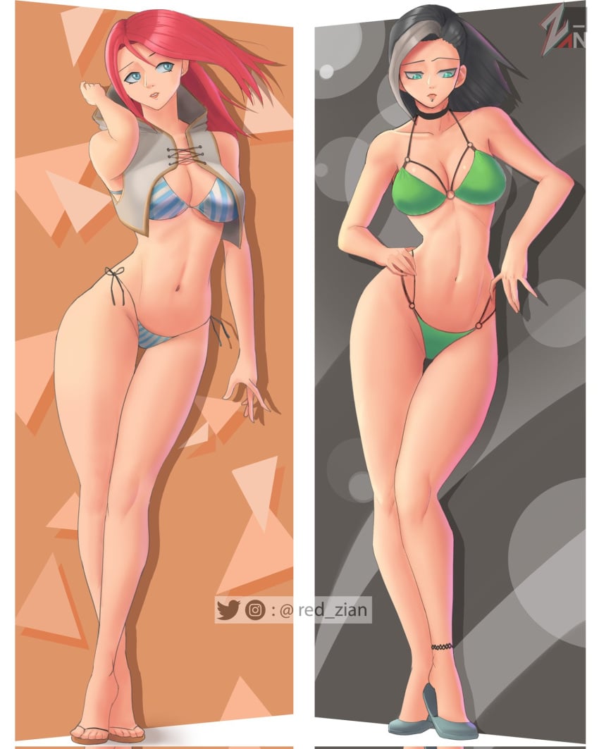 2girls athletic_female benedetta_(mobile_legends) black_hair blue_bikini blue_eyes green_bikini green_eyes light_skin medium_breasts mobile_legends mobile_legends:_bang_bang natalia_(mobile_legends) neck normal_breasts red_hair red_zian scar scar_on_face thick_thighs