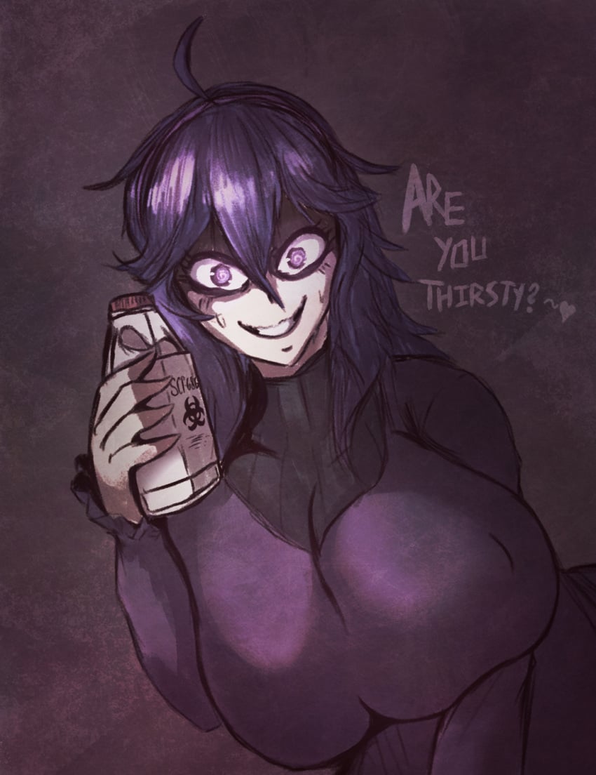 1girls 2020 alternate_breast_size big_breasts creepy critnuke english english_text hex_maniac huge_breasts looking_at_viewer milk nipple_bulge pokemon purple_eyes purple_hair scp-686 scp_foundation solo solo_female text