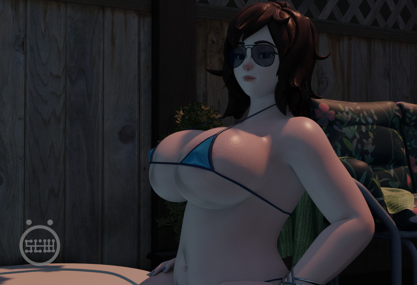 1girls 3d bikini eyewear female_focus female_only glasses large_breasts mei_(overwatch) outdoors overwatch sitting slow_(artist)