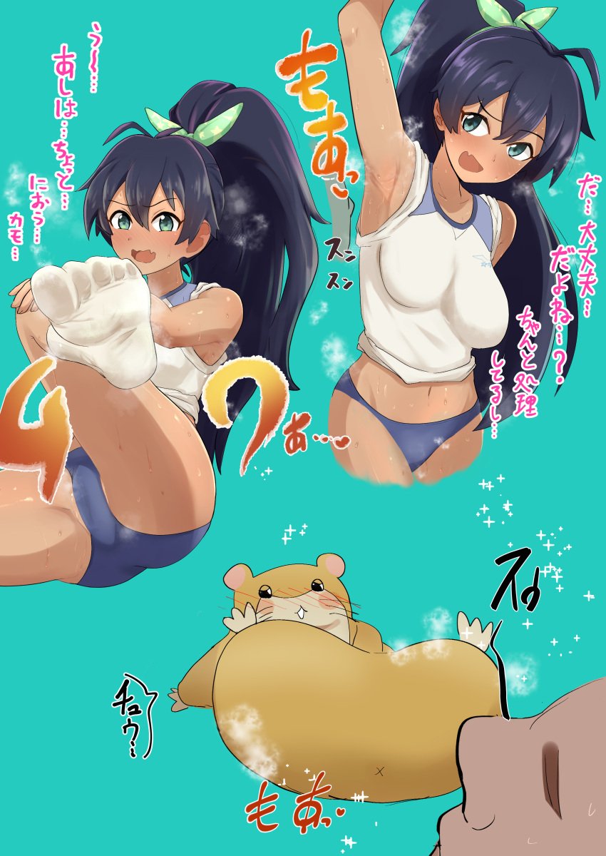 1girls armpits arms_up ass blush cute_fang daba ganaha_hibiki hibiki_ganaha idolmaster idolmaster_(classic) long_hair ponytail solo sweat sweaty