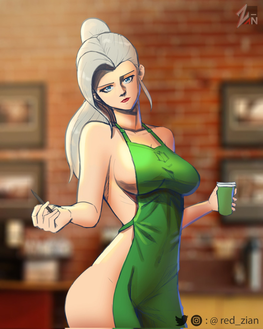 apron apron_only big_breasts cafe gray_hair hips light-skinned_female light_skin mobile_legends mobile_legends:_bang_bang red_zian sideboob silvanna_(mobile_legends) starbucks starbucks_parody thick_hips waitress